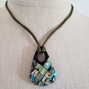 Blue Green Abalone Shell Pendant Green Silk Cord